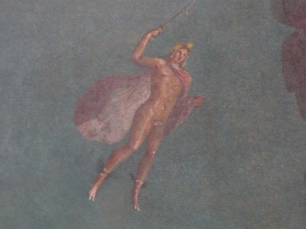 Villa of Agrippa Postumus, Boscotrecase. December 2010. Room 19, detail of Perseus, with lyre, winged shoes and cloak over shoulder. 
Photograph taken at Metropolitan Museum New York. Photo courtesy of Buzz Ferebee.