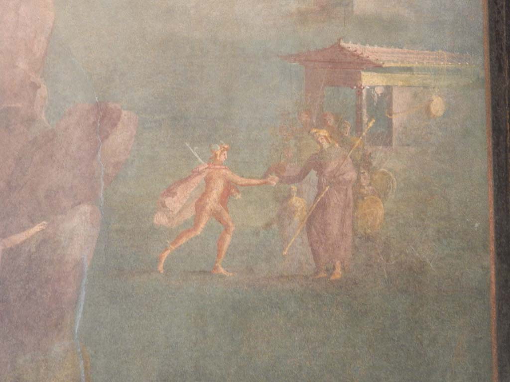 Villa of Agrippa Postumus, Boscotrecase. January 2018. Room 19, upper right part of fresco, with Perseus greeting Cepheus the father of Andromeda. 
Photograph taken at Metropolitan Museum New York. Photo courtesy of Buzz Ferebee.