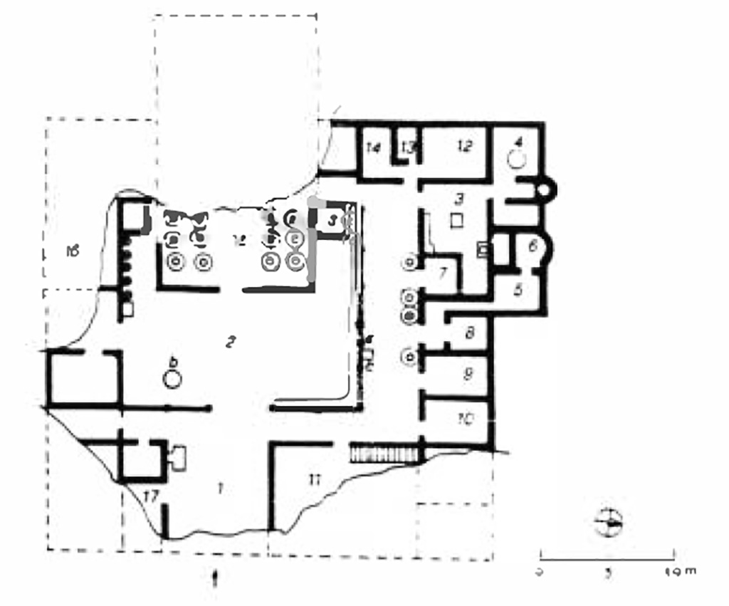 Pianta della villa rustica di via Spinelli.
See Marisa De' Spagnolis Conticello. Di due ville rustiche rinvenute a Scafati (SA), in via Spinelli ed in via Poggiomarino in Rivista di Studi Pompeiani, Vol. VI, 1993-94 p.142 Fig. 9.