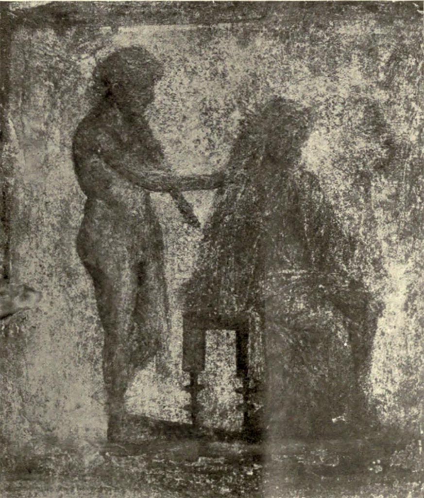Scafati. Villa Rustica in Fondo Matrone, Contrada Spinelli. Cubiculum “no.3”: Painting of Hercules and Omphale,
See Notizie degli Scavi di Antichità, 1923, Fasc. III tav. lett. c. 
The original fresco is now in Rhode Island School of Design - Museum. Inventory number 38.058.10.
See Garcia y Garcia L., 2017. Scavi Privati nel Territorio di Pompei. Roma: Arbor Sapientiae, no. 50, p. 368, fig. 198, note 406.
See Winkes, R., 1982. Roman Paintings and Mosaics: Catalogue of the Classical Collection. RISD Museum of Art, Providence R.I., p. 52, no. 22.