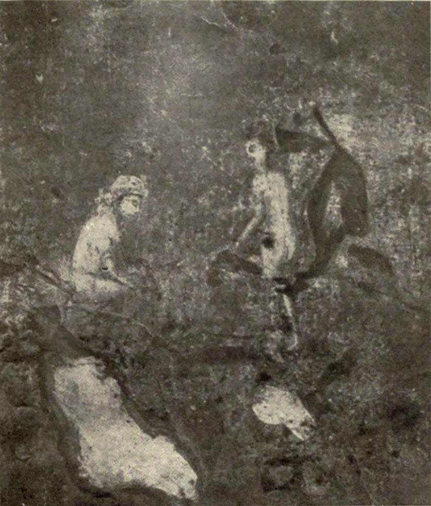 Scafati. Villa Rustica in Fondo Matrone, Contrada Spinelli. Caldarium "no.6": Bathers. 
A naked matron has white cap on her head and big ring on her right arm, with their feet in a circular metal tray, performing their ablutions with the assistance of a servant, also naked, who holds a cloth.
See Notizie degli Scavi di Antichità, 1923, Fasc. III tav. lett. b.