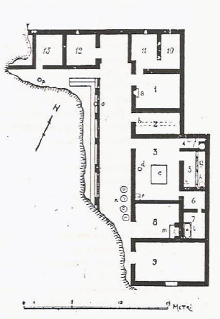 Scafati, Villa rustica in Fondo de Prisco, contrada Crapolla. Plan of villa.
See Casale A., Bianco A., Primo contributo alla topografia del suburbio pompeiano: Supplemento al n. 15 di ANTIQUA ottobre-dicembre 1979, 73, p. 43, fig. 20.
See Fabbricotti, E., 1976. I bagni nelle prime ville romane: Cronache Pompeiane, 2, p. 45, fig. 11.