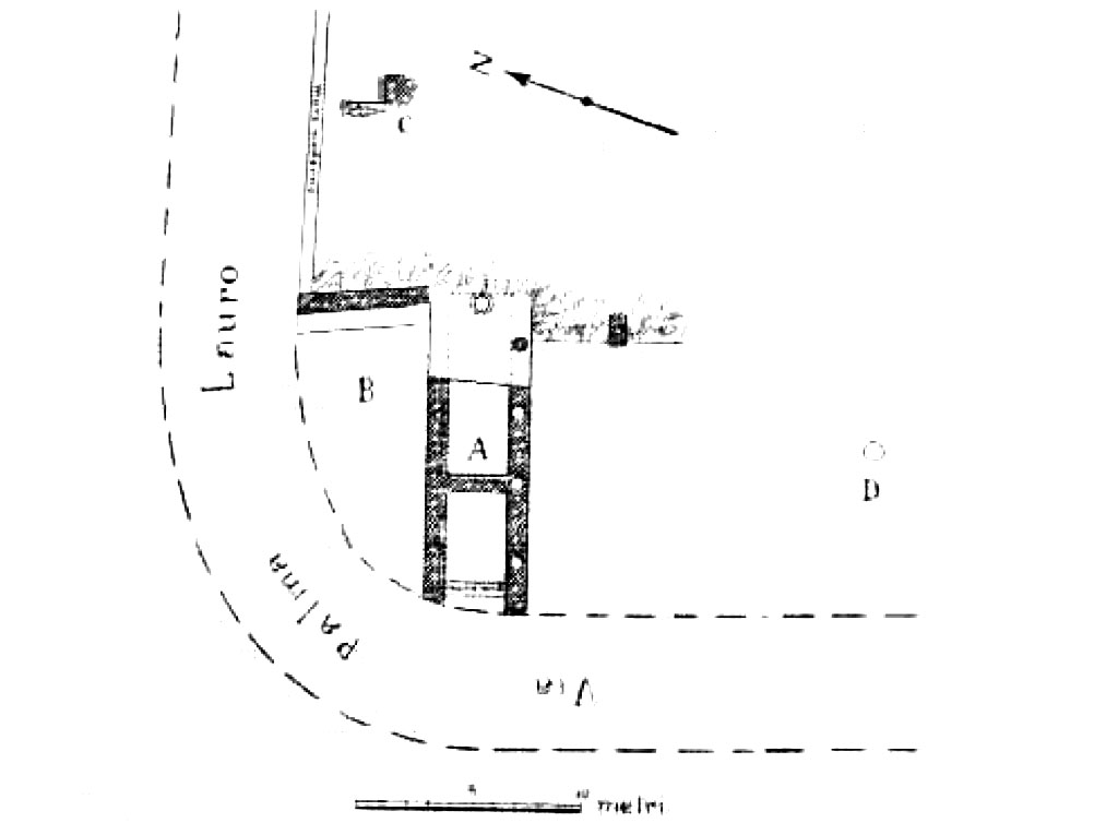 Domicella. Villa rustica romana. 1929 NdS plan of Villa rustica at Domicella, Nola.
A= Piscina. Pool.
B= Cella Vinaria. Wine cellar.
C= Further remains to the rear
D= Further piscina/pool remains to the south
See Notizie degli Scavi di Antichità, 1929, p.200, fig 1.