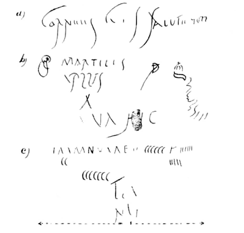 Villa Rustica di Marcus Livius Marcellus. 1928 drawing of graffiti found in the torcularium.
a. Cornelius (Suis?) Salute(m)
b. Marti(a)lis
…a plus D….
                X
          uva hic
c. In manu uvae p(ondo) CCCCCC K IIIIII
    CC
               CCCCCCC
                Te..  a…..
                     N
This latter seems to give an overall account of the grapes arrived at the press in a wine campaign.
See Notizie degli Scavi di Antichità, 1929, p. 181-2, fig. 3.