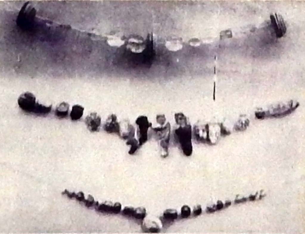 Villa Rustica di Marcus Livius Marcellus. 1928 photo of necklaces found. Photo courtesy of Buzz Ferebee.
Top: Twelve pieces of rock crystal, simply faceted.
Centre: Twelve green pieces, five pieces like bunches of grapes, two herms (Silenus? and Harpocrates) in glass paste.
Bottom: Twenty small pieces in glass paste.
See Notizie degli Scavi di Antichità, 1929, p. 183, fig. 5.