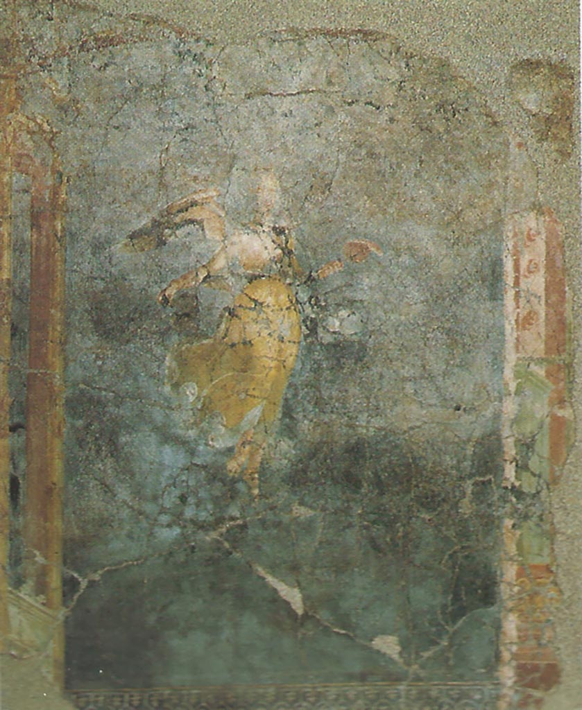 Complesso dei triclini in località Moregine a Pompei. Triclinium D. 
Vittoria alata con ventaglio purpureo. Winged Victory with a purple fan.
PAP inventory number 25938.