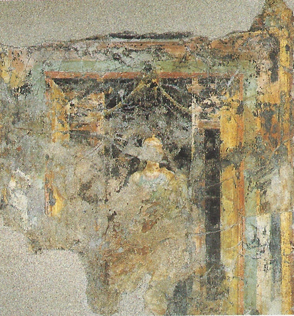 Complesso dei triclini in località Moregine a Pompei. Triclinium D. 
Minerva con elmo dorato ornato di piume rosso seduta su di un alto trono. 
Minerva with golden helmet adorned with red feathers sitting on a high throne.
PAP inventory number 25939.