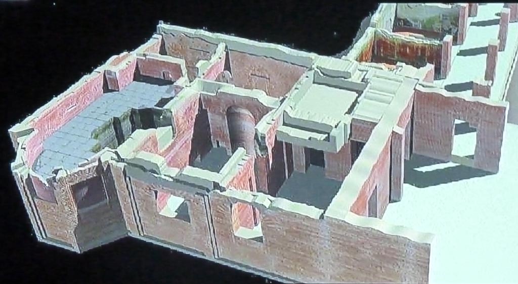 Complesso dei triclini in località Moregine a Pompei. September 2015. Reconstruction of baths suite.
Left to right are rooms 3, O, S at front and rooms 2, N, 10, 9 at the rear. Area Q is on the right.