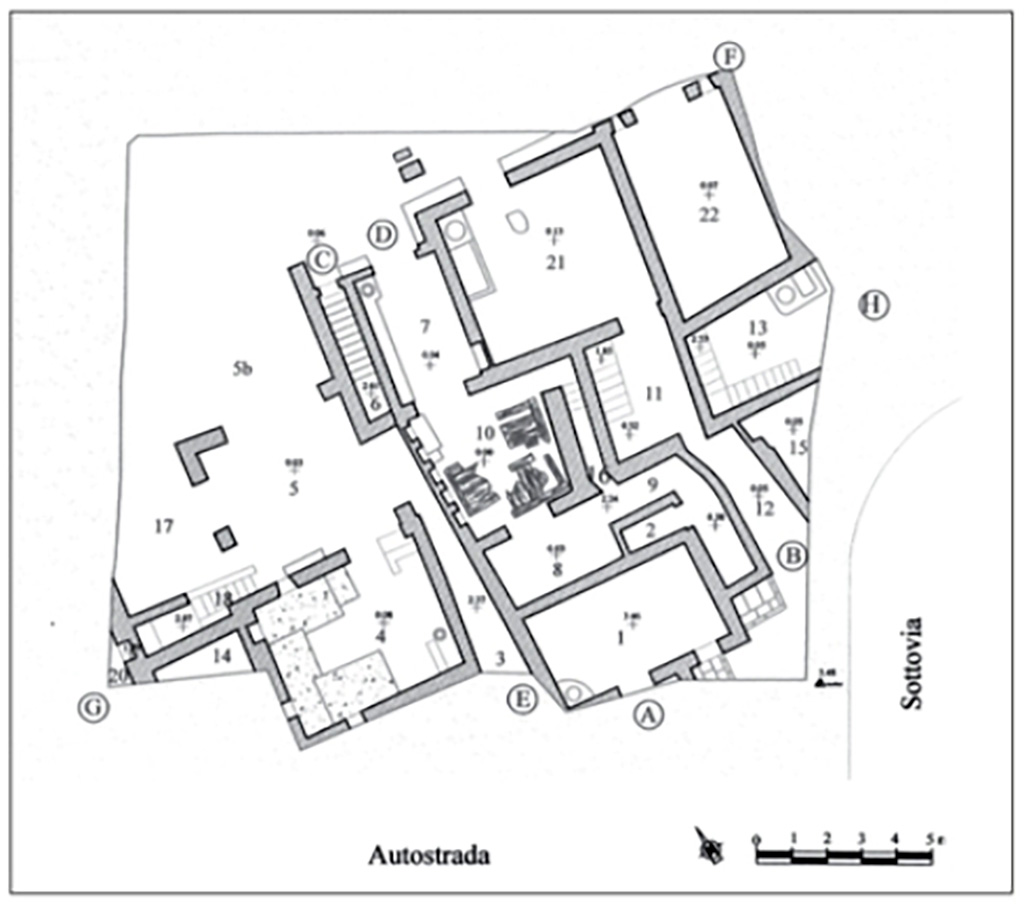 L’edificio B di Murecine a Pompei. Pianta. Plan of Murecine building B.
The Murecine building B, excavated in 2000-2001, lies on the northern bank of the river Sarno at nearly 600 meters southwards from Porta Stabia in Pompeii. The building, with an upper floor, is the result of a complex building history begun at I Style times. It appears to be divided in many little properties with different dimensions and characteristics that, thanks to the numerous triclinia, seem to be destined to the function of cauponae strictly linked with trades and businesses that had place along the river. Among the most important findings the fresco with souvetaurilia and the armilla with the writing DOM(I)NUS ANCILLAE SUAE need to be emphasized.
See Nappo, S. C., 2012.: Un esempio di architettura ricettiva alla foce del Sarno in Rivista di Studi Pompeiani XXIII, p. 89, p. 91 fig. 4.