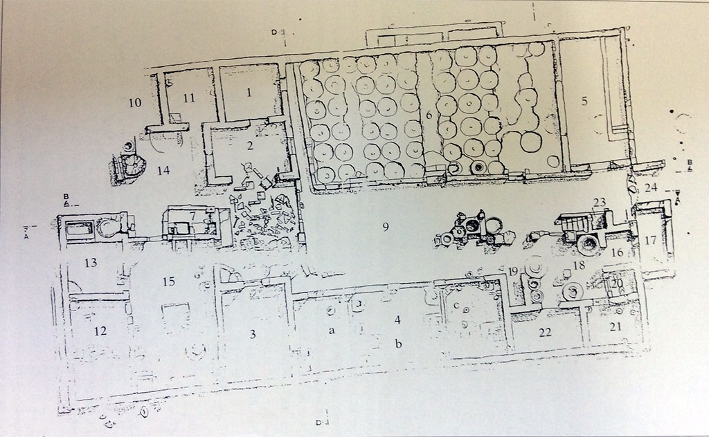 53. Scafati, Villa Rustica in Fondo Prete. Villa N. Popidi Narcissi Maioris. Plan.
La villa già nel 1932 era stata identificata e poi parzialmente scavata da Matteo Della Corte nel 1934.
Nel 1992, nei pressi di via Torino, nel fondo di proprietà Prete nel corso di normali controlli di sbancamenti per civili abitazioni, sono state rinvenute strutture pertinenti una villa rustica romana, seppellita dall'eruzione del Vesuvio nel 79 d.C.
Domus quasi interamente scavata. La maggior parte degli ambienti, conservatisi per un'altezza massima di 2.67 m, si apre all'interno dell'abitazione, su un'ampia corte centrale, dal piano pavimentale in terra battuta. 
Al centro della corte è una cisterna per l'approvvigionamento idrico, con pozzo di raccolta in opera incerta e pluteo di tufo emergente 0.55 m dal piano del cortile. La cisterna è inquadrata da 4 pilastrini in opus vittatum mixtum che dovevano sostenere o una copertura o delle assi lignee relative alla struttura per il sollevamento dell'acqua. La corte ha un'ampiezza di m 15 x 6 e si apre sul lato occidentale della cella vinaria (6) in cui erano situati i doli disposti in 10 filari di 6, di cui solo 3 sono stati rinvenuti in situ. 
Nel settore S, di forma rettangolare 18 x 24, si aprivano una serie di ambienti abitativi e di servizio, il più importante dei quali è il triclinium con un piano pavimentale in cocciopesto ed un disegno a tessere di mosaico delimitante 40 riquadri. L'impianto termale è ridotto al solo calidarium, non lontano è il laconicum (14). Di questo settore fanno parte alcuni depositi per le derrate alimentari (1), per attrezzi agricoli (2). 
Nel settore settentrionale sono i depositi per gli oggetti metallici (16) e la dispensa di oggetti di uso domestico (20). Il vano 19 era un silos per lo stoccaggio della farina. Non lontano da questo ambiente, nel vano 22 sono state rinvenute delle macine per i cereali. Del piano superiore non rimane traccia.
The villa had already been identified in 1932 and then partially excavated by Matteo Della Corte in 1934.
In 1992, near Via Torino, in the land owned by Prete, during normal excavation checks for civilian homes, structures pertaining to a Roman rustic villa were found, buried by the eruption of Vesuvius in 79 AD.
Domus almost entirely excavated. Most of the rooms, preserved to a maximum height of 2.67 m, open into the interior of the dwelling, onto a large central courtyard, with a beaten earth floor. In the centre of the courtyard is a cistern for water supply, with a collection well in opus incertum and tuff pluteus rising 0.55 m from the courtyard floor. The cistern is framed by 4 small pillars in opus vittatum mixtum that must have supported either a roof or wooden planks related to the structure for raising the water. The courtyard is 15 x 6 m wide and opens onto the western side of the cella vinaria (6) in which the doli were located in 10 rows of 6, of which only 3 were found in situ. 
In the southern sector, rectangular in shape 18 x 24, there were a series of living and service rooms, the most important of which is the triclinium with a floor surface in cocciopesto and a mosaic tile design delimiting 40 squares. The thermal baths are reduced to just the calidarium; not far away is the laconicum (14). In this sector are storerooms for foodstuffs (1) and agricultural implements (2). 
In the northern sector are the storerooms for metal objects (16) and the larder for household objects (20). Compartment 19 was a silo for storing flour. Not far from this room, grain millstones were found in compartment 22. No trace remains of the upper floor.
Vedi/See  ICCD Scheda for villa