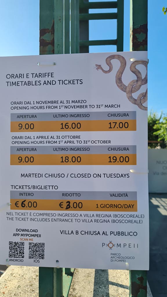 Oplontis Villa of Poppea, October 2023. 
Tickets and timetable. Photo courtesy of Giuseppe Ciaramella.
