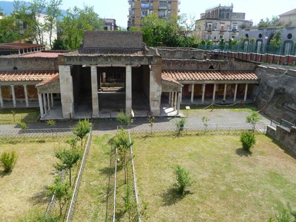 Oplontis, May 2011. Looking south across north garden. The entrance steps from the roadway are on the right, leading to the west portico, room 33. Photo courtesy of Michael Binns.