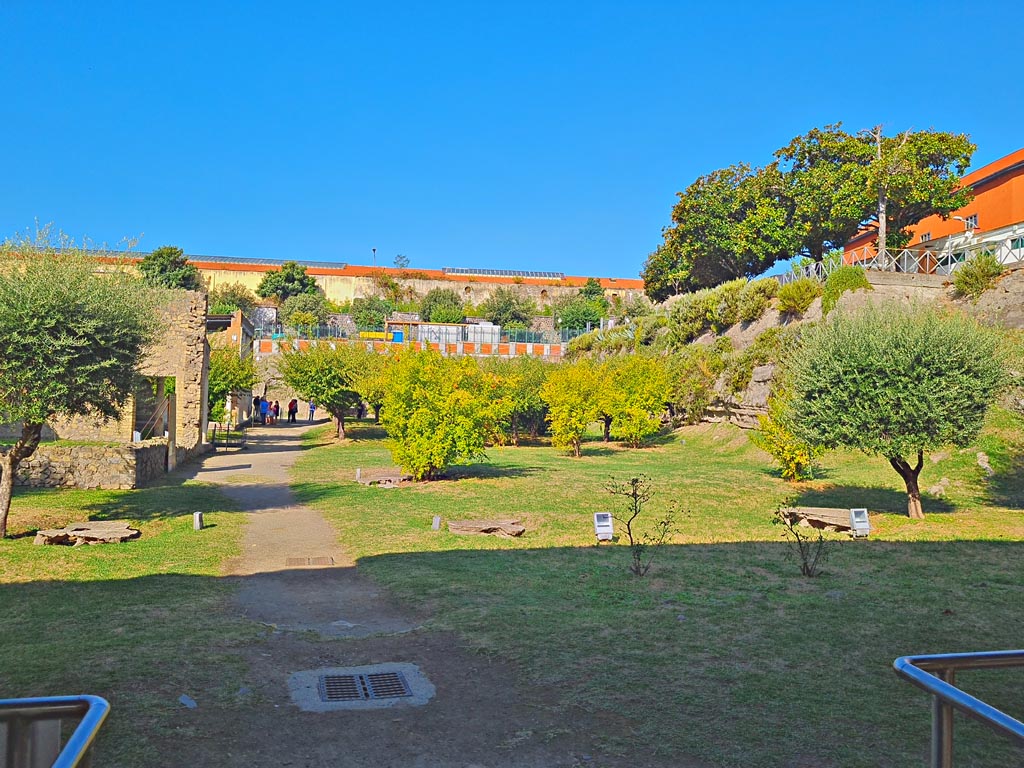 Oplontis Villa of Poppea, October 2023. 
Looking west along pathway in north garden, across the front of the villa. Photo courtesy of Giuseppe Ciaramella.