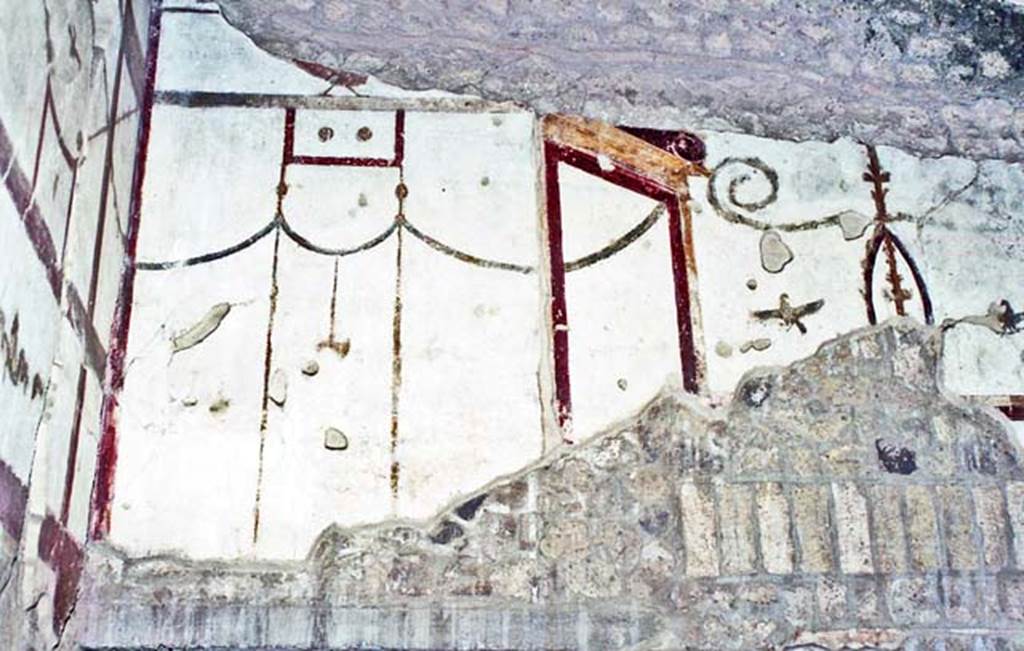 Oplontis, Villa of Poppea, October 2001. Room 4, detail of painted decoration on upper west wall in north-west corner. Photo courtesy of Peter Woods