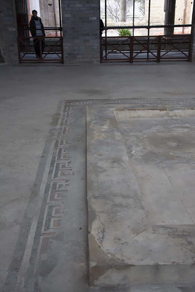 Oplontis Villa of Poppea, March 2019. 
Room 5, looking north along west side of impluvium with mosaic meanders in flooring.
Foto Annette Haug, ERC Grant 681269 DÉCOR.