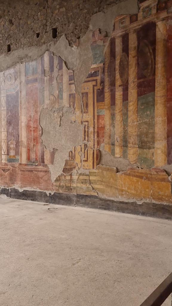Oplontis Villa of Poppea, January 2023. 
Room 5, looking towards detail of west wall at north end. Photo courtesy of Miriam Colomer.