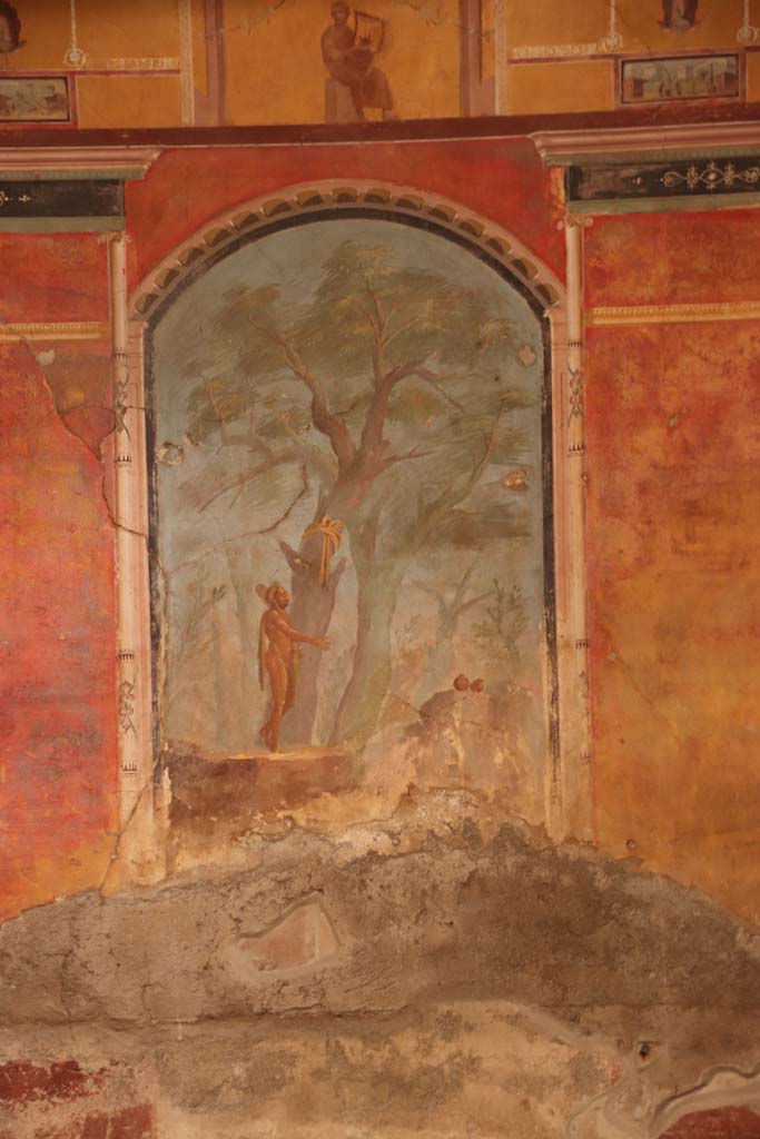 Oplontis Villa of Poppea, October 2020.  
Room 8, wall painting of Hercules in the Garden of the Hesperides in recess on the east wall of the caldarium.
Photo courtesy of Klaus Heese.