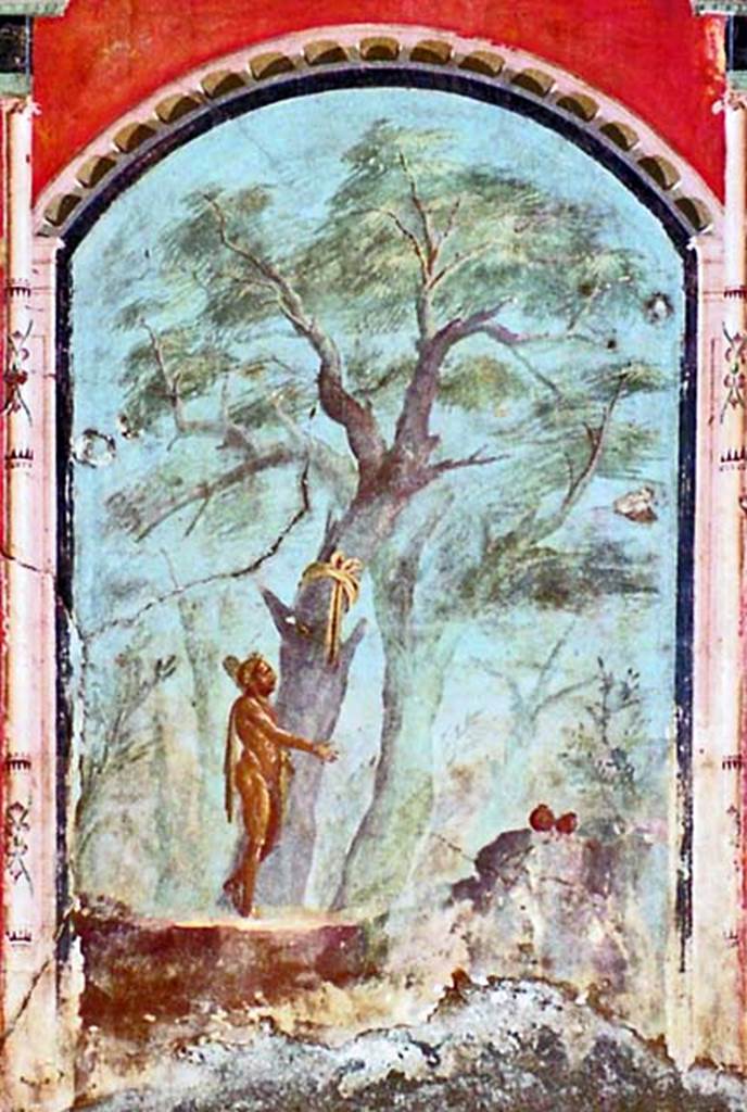 Oplontis, Villa of Poppea, October 2001. Detail from wall painting of Hercules in the Garden of the Hesperides. Photo courtesy of Peter Woods