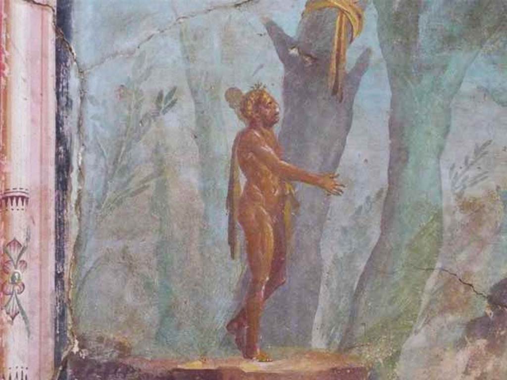 Oplontis, May 2011. Room 8, detail of Hercules from wall painting in niche on east wall. Photo courtesy of Buzz Ferebee.