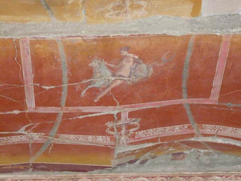 Oplontis, May 2011. Room 8, painting from the centre panel of the ceiling of the niche, showing a Nereid riding a hippocampus. Photo courtesy of Buzz Ferebee.