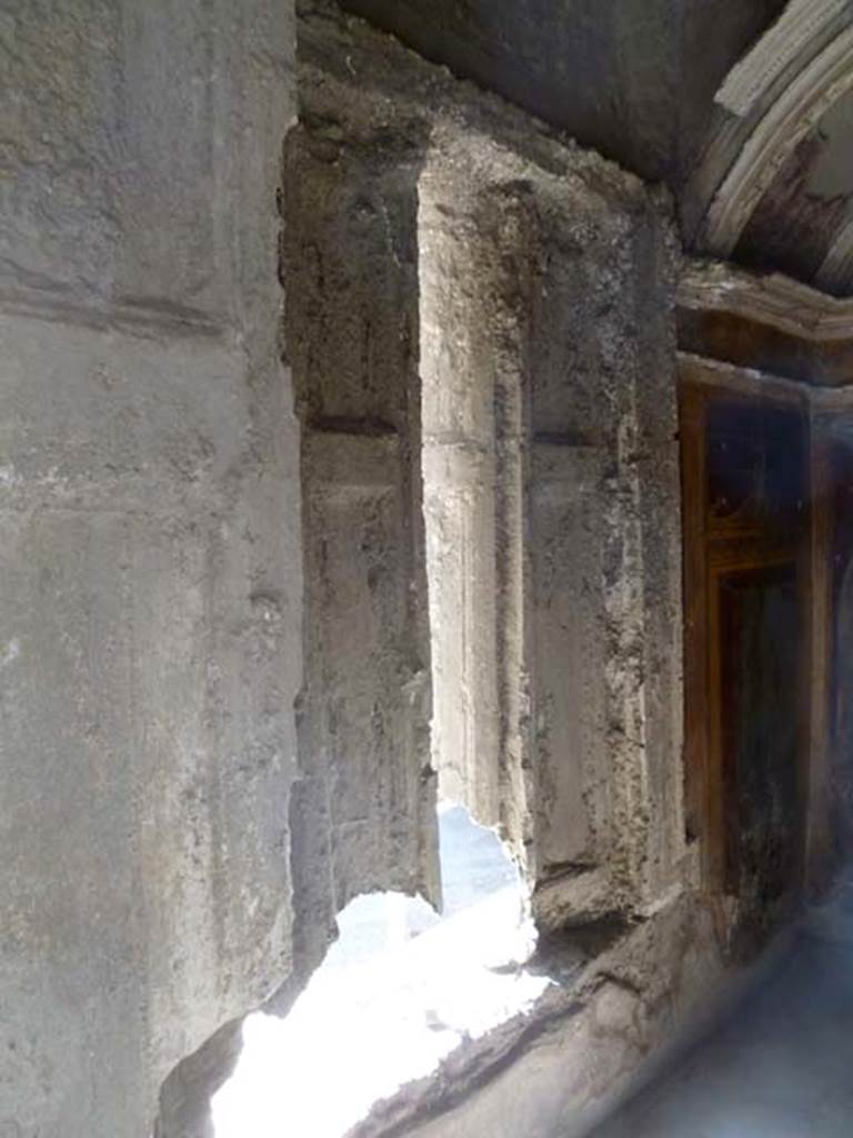 Oplontis, May 2011. Room 11, cubiculum, west wall with plaster-cast of window-shutters. Photo courtesy of Michael Binns.