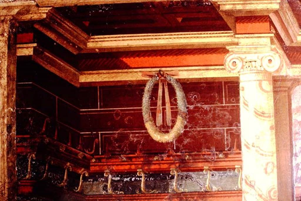 Oplontis Villa of Poppea, 1975. Room 11, detail of painted upper wall. Photo by Stanley A. Jashemski.   
Source: The Wilhelmina and Stanley A. Jashemski archive in the University of Maryland Library, Special Collections (See collection page) and made available under the Creative Commons Attribution-Non-Commercial License v.4. See Licence and use details.
J75f0253
