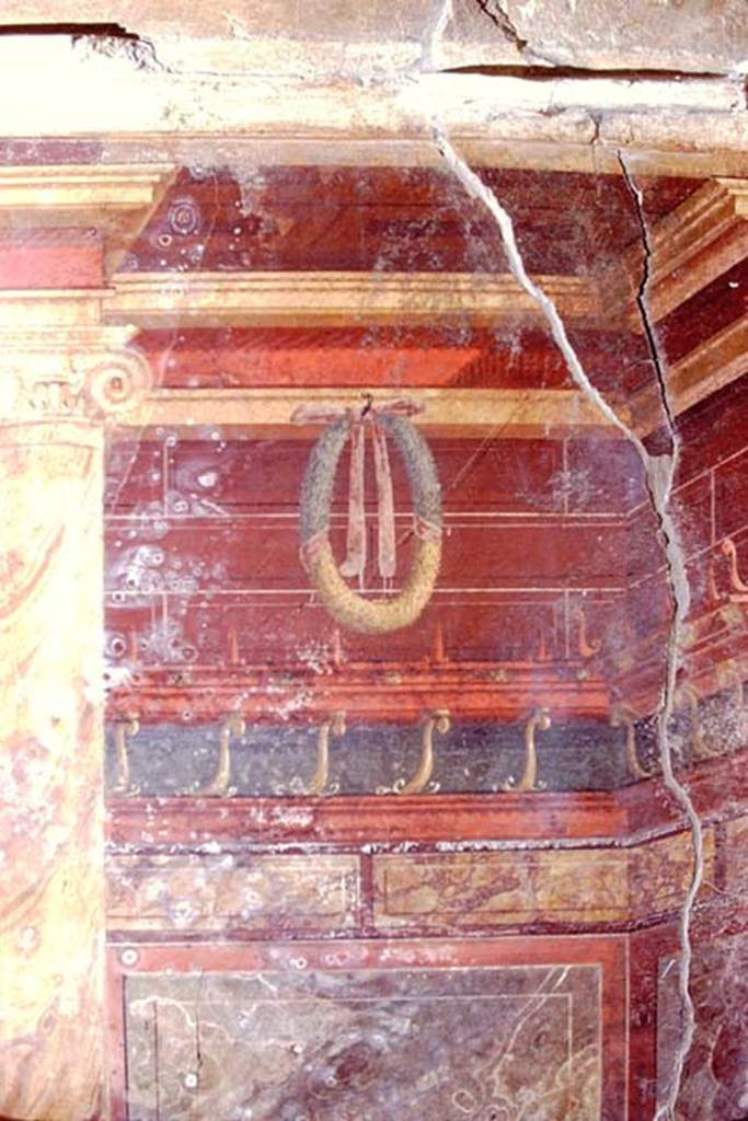 Oplontis, 1972 (or 1973).  Room 11, cubiculum, on left side of atrium, painted with architectural elements, detail from painted walls. Photo by Stanley A. Jashemski. 
Source: The Wilhelmina and Stanley A. Jashemski archive in the University of Maryland Library, Special Collections (See collection page) and made available under the Creative Commons Attribution-Non Commercial License v.4. See Licence and use details. J72f0266