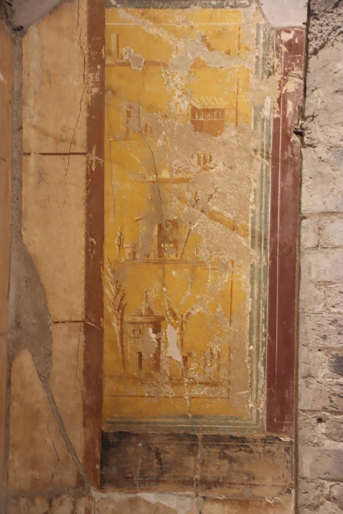 Oplontis Villa of Poppea, October 2022. 
Room 14, west wall, painting on south side of doorway. Photo courtesy of Klaus Heese.