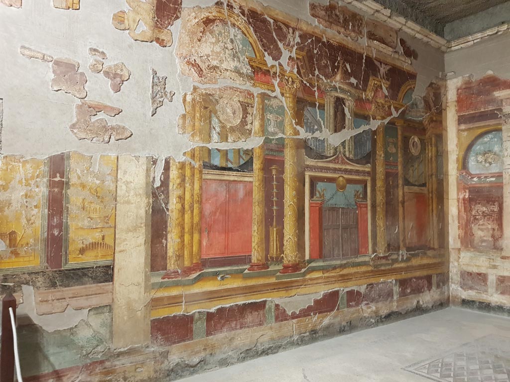 Oplontis Villa of Poppea, October 2022. 
Room 14, west wall on north side of doorway leading from room 15. Photo courtesy of Klaus Heese.