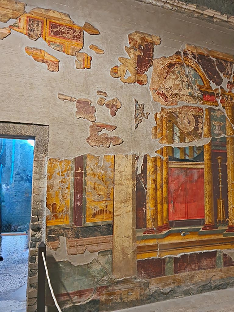 Oplontis Villa of Poppea, October 2023. 
Room 14, west wall on north side of doorway leading from room 15. Photo courtesy of Giuseppe Ciaramella.