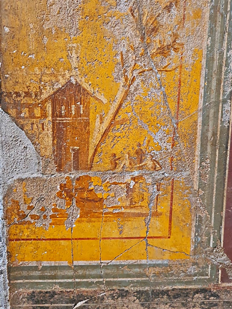 Oplontis Villa of Poppea, October 2023. 
Room 14, detail of painting from north side of doorway in west wall. Photo courtesy of Giuseppe Ciaramella.