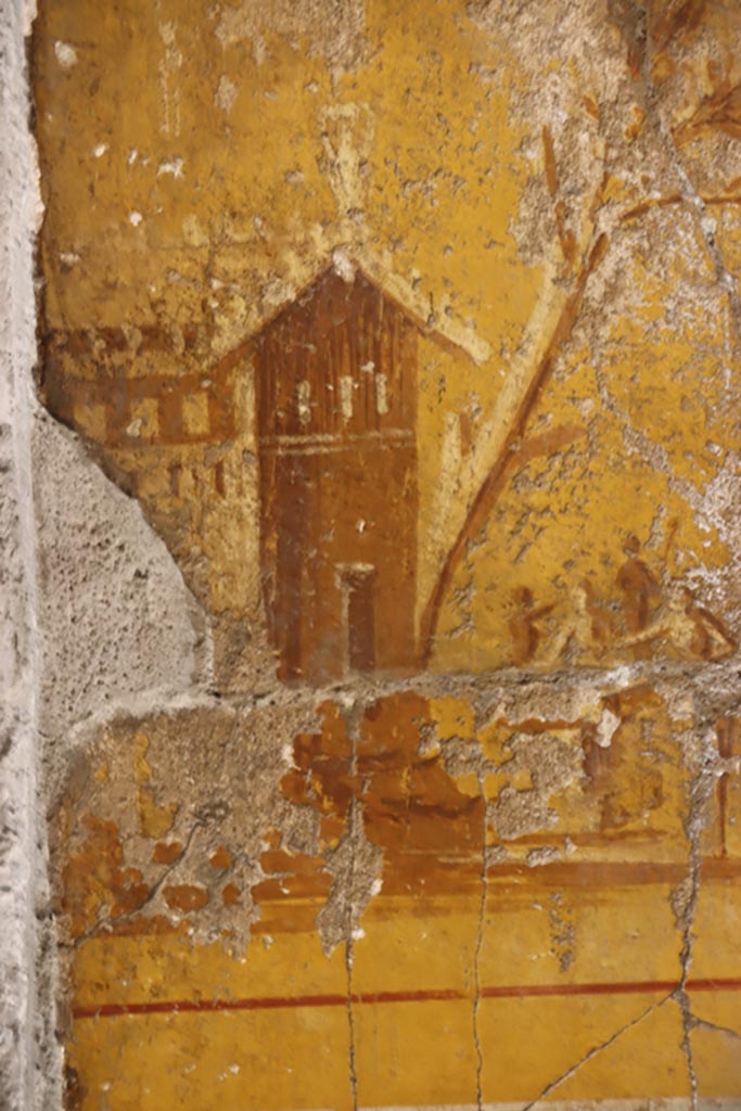 Oplontis Villa of Poppea, October 2022.  
Room 14, detail of painting from north side of doorway in west wall. Photo courtesy of Klaus Heese.