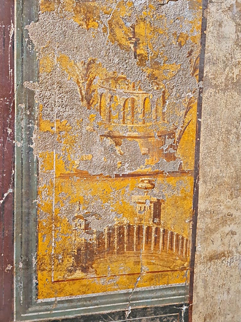 Oplontis Villa of Poppea, October 2023. 
Room 14, detail of other painting from north side of doorway in west wall. Photo courtesy of Giuseppe Ciaramella.