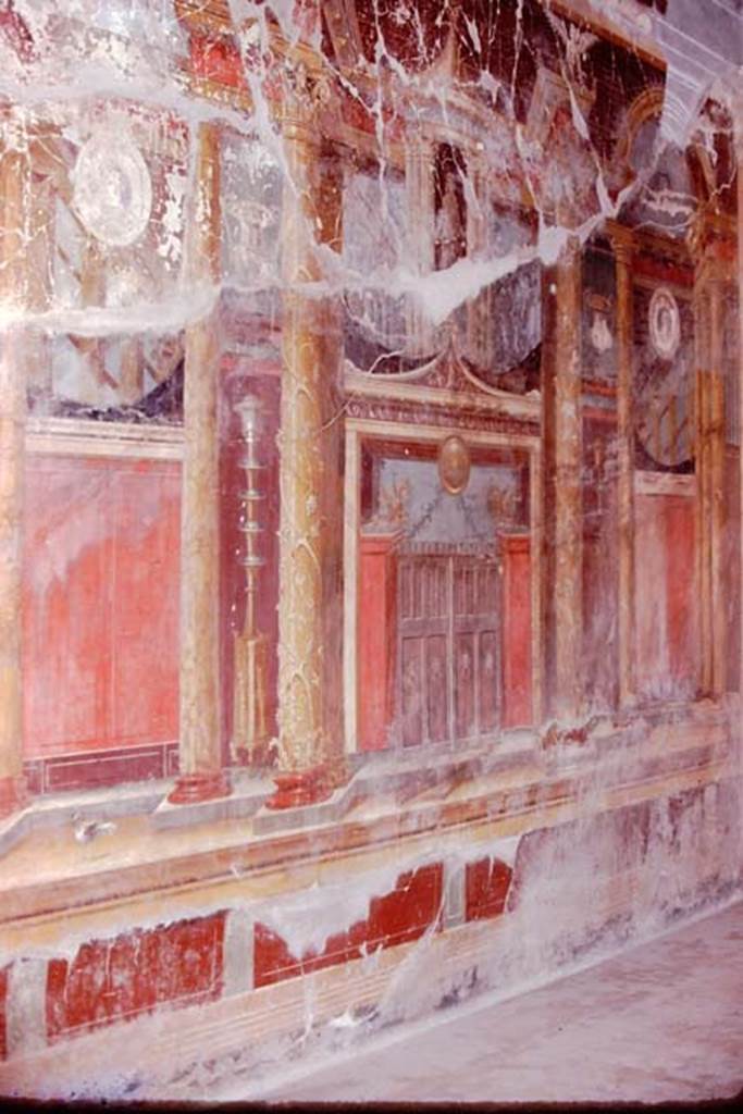 Oplontis, 1974. Room 14, decorative wall in triclinium. Photo by Stanley A. Jashemski.   
Source: The Wilhelmina and Stanley A. Jashemski archive in the University of Maryland Library, Special Collections (See collection page) and made available under the Creative Commons Attribution-Non Commercial License v.4. See Licence and use details. J74f0647