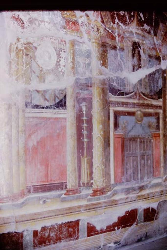 Oplontis, 1973. Room 14, triclinium, wall decorations. Photo by Stanley A. Jashemski. 
Source: The Wilhelmina and Stanley A. Jashemski archive in the University of Maryland Library, Special Collections (See collection page) and made available under the Creative Commons Attribution-Non Commercial License v.4. See Licence and use details. J73f0373
