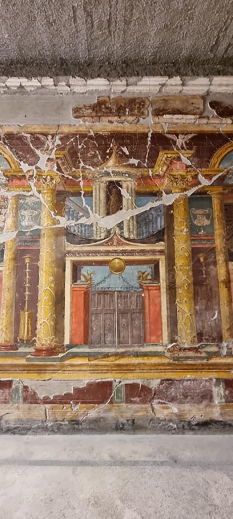 Oplontis Villa of Poppea, January 2023. 
Room 14, central panel of west wall of triclinium. Photo courtesy of Miriam Colomer.