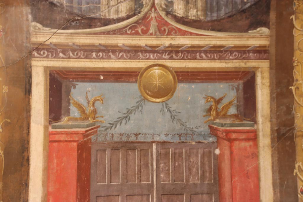 Villa of Poppaea, Oplontis, October 2023. 
Room 14, detail from upper central panel of west wall of triclinium. Photo courtesy of Klaus Heese.