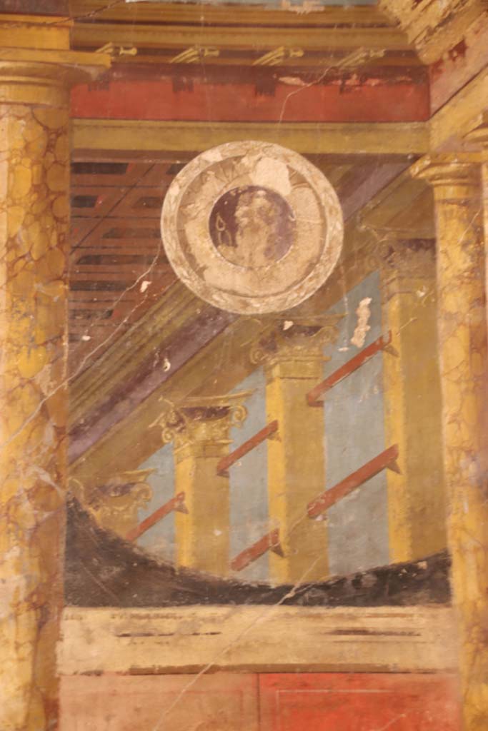 Oplontis Villa of Poppea, September 2021.  
Room 14, detail from right side of central panel of west wall of triclinium. Photo courtesy of Klaus Heese.