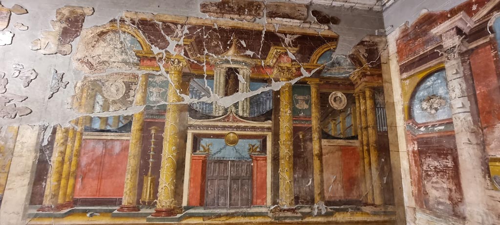 Oplontis Villa of Poppea, January 2023. 
Room 14, looking towards west wall at north end and north-west corner. Photo courtesy of Miriam Colomer.