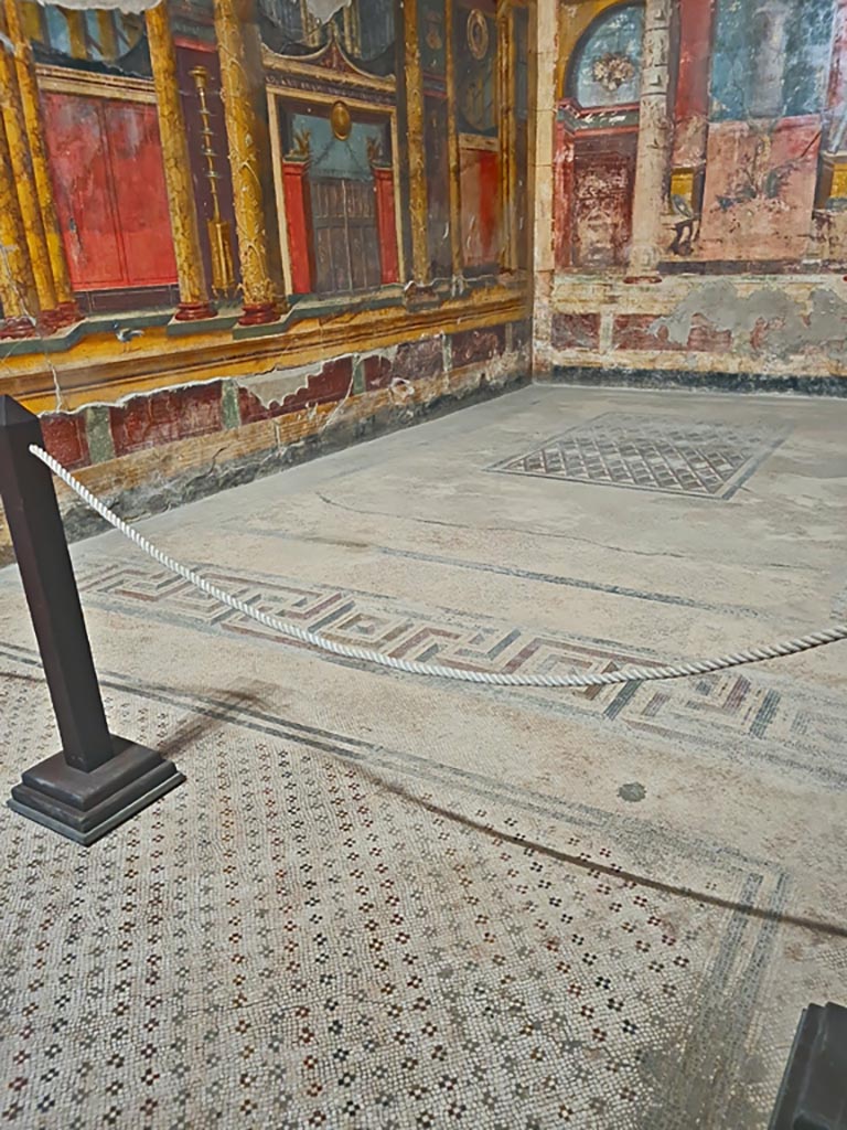 Oplontis Villa of Poppea, October 2023. 
Room 14, looking north-west across mosaic floor. Photo courtesy of Giuseppe Ciaramella.