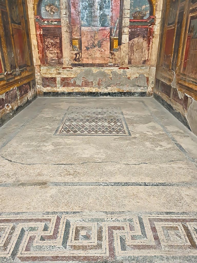 Oplontis Villa of Poppea, October 2023. 
Room 14, looking north across mosaic floor. Photo courtesy of Giuseppe Ciaramella.