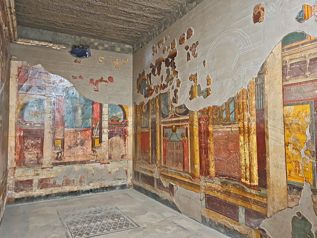 Oplontis Villa of Poppea, October 2023. 
Room 14, looking towards north wall and north-east corner. Photo courtesy of Giuseppe Ciaramella.