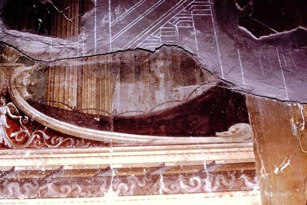 OOplontis Villa of Poppea, 1975. Room 14, east wall, detail of architectural painting above central panel. Photo by Stanley A. Jashemski.
Source: The Wilhelmina and Stanley A. Jashemski archive in the University of Maryland Library, Special Collections (See collection page) and made available under the Creative Commons Attribution-Non Commercial License v.4. See Licence and use details.
J75f0255