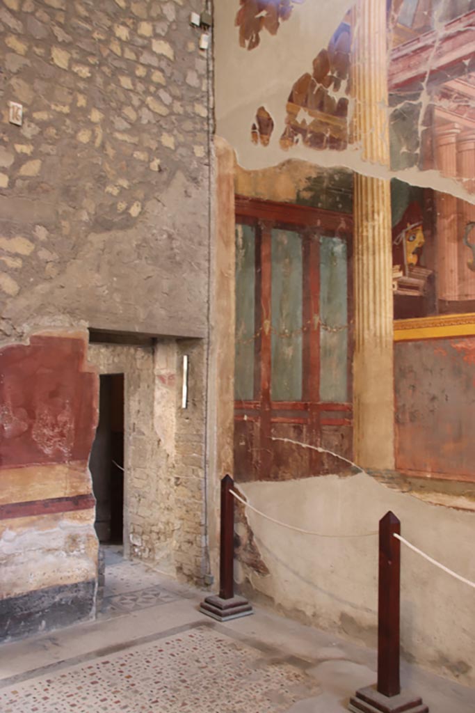 Oplontis Villa of Poppea, October 2022. 
Room 15, north-east corner with doorway to room 16, in north wall. Photo courtesy of Klaus Heese.