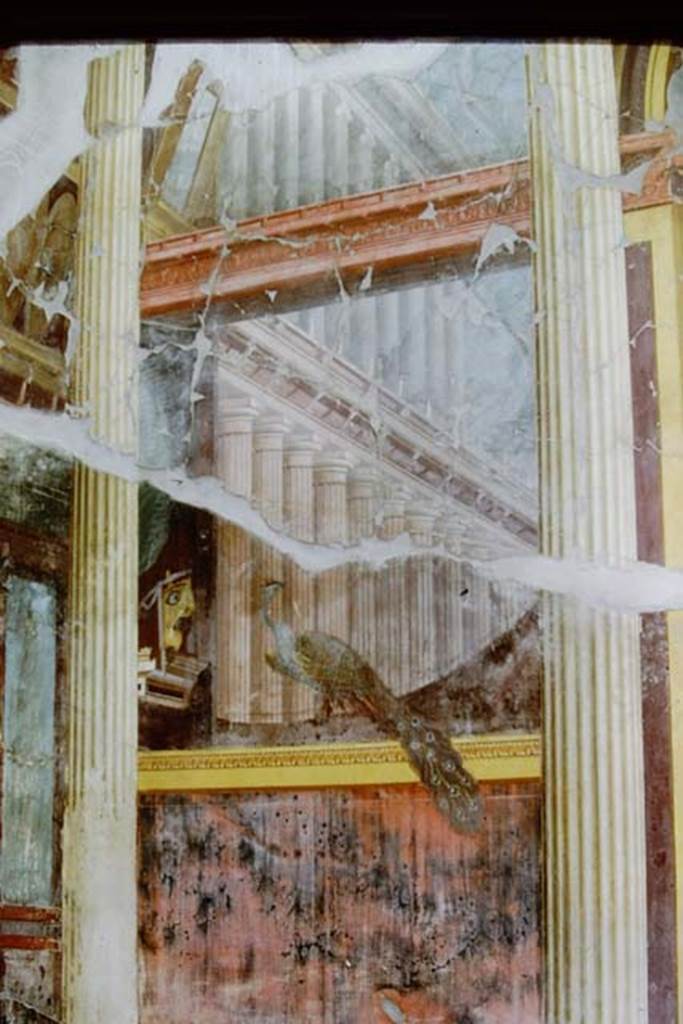Oplontis, 1973. Receiving room 15 (6), in western part of Villa, detail of tragic mask and peacock. Photo by Stanley A. Jashemski. 
Source: The Wilhelmina and Stanley A. Jashemski archive in the University of Maryland Library, Special Collections (See collection page) and made available under the Creative Commons Attribution-Non Commercial License v.4. See Licence and use details. J73f0361