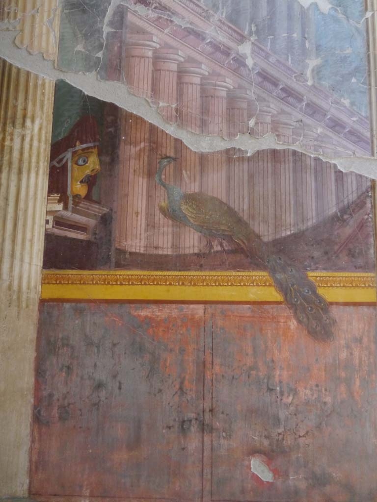 Oplontis Villa of Poppea, September 2018.
Room 15, detail of tragic mask and peacock, from north end of east wall. 
Foto Anne Kleineberg, ERC Grant 681269 DÉCOR.