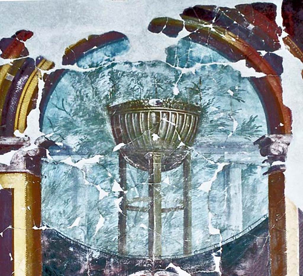 Oplontis, Villa of Poppea, October 2001. Room 15, east wall, detail of painting of the Delphic tripod.  Photo courtesy of Peter Woods