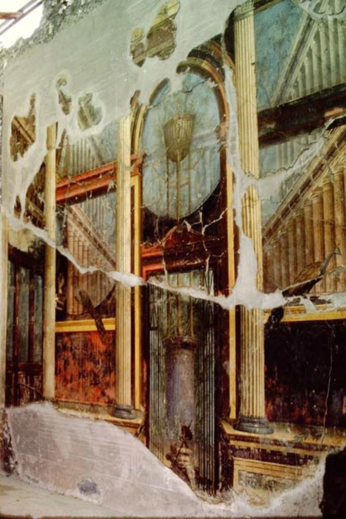 Oplontis, 1974. Room 15, oecus in the western part of villa, with painted wall. Photo by Stanley A. Jashemski.   
Source: The Wilhelmina and Stanley A. Jashemski archive in the University of Maryland Library, Special Collections (See collection page) and made available under the Creative Commons Attribution-Non Commercial License v.4. See Licence and use details. J74f0666