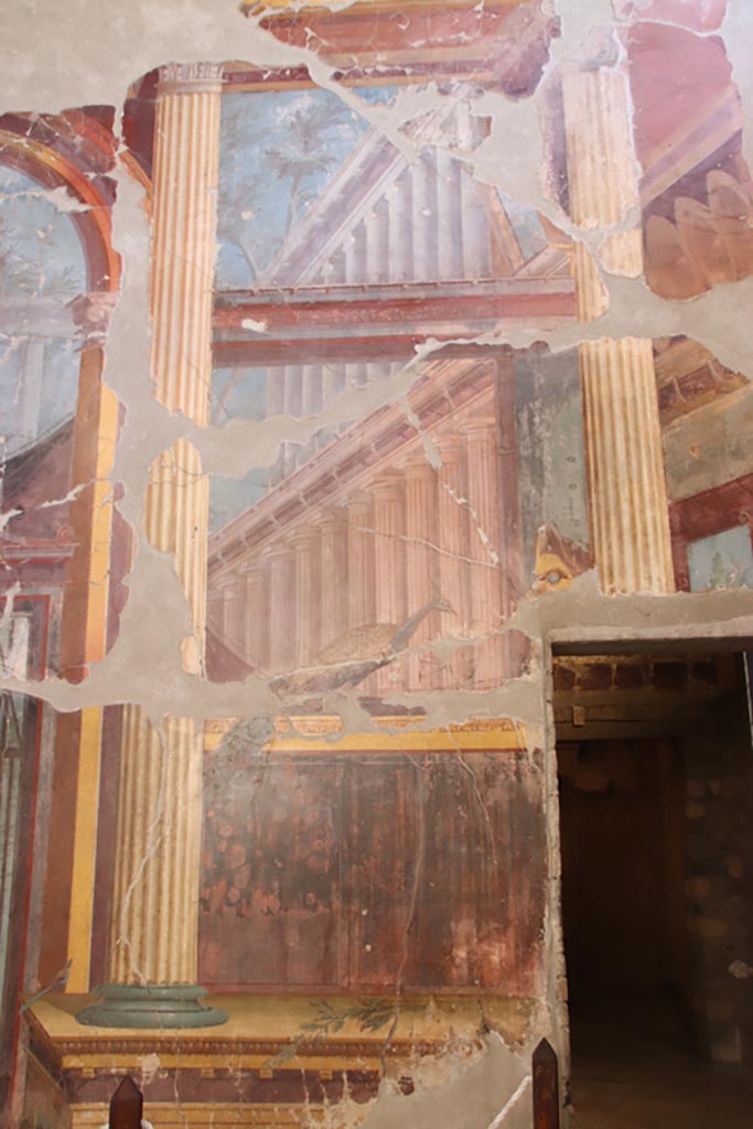 Oplontis Villa of Poppea, October 2022. 
Room 15, east wall in south-east corner with doorway to room 14. Photo courtesy of Klaus Heese.