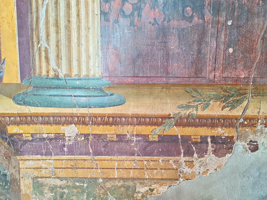 Oplontis Villa of Poppea, October 2023.
Room 15, detail of painted decoration at south end of east wall on north side of doorway to room 14. Photo courtesy of Giuseppe Ciaramella.